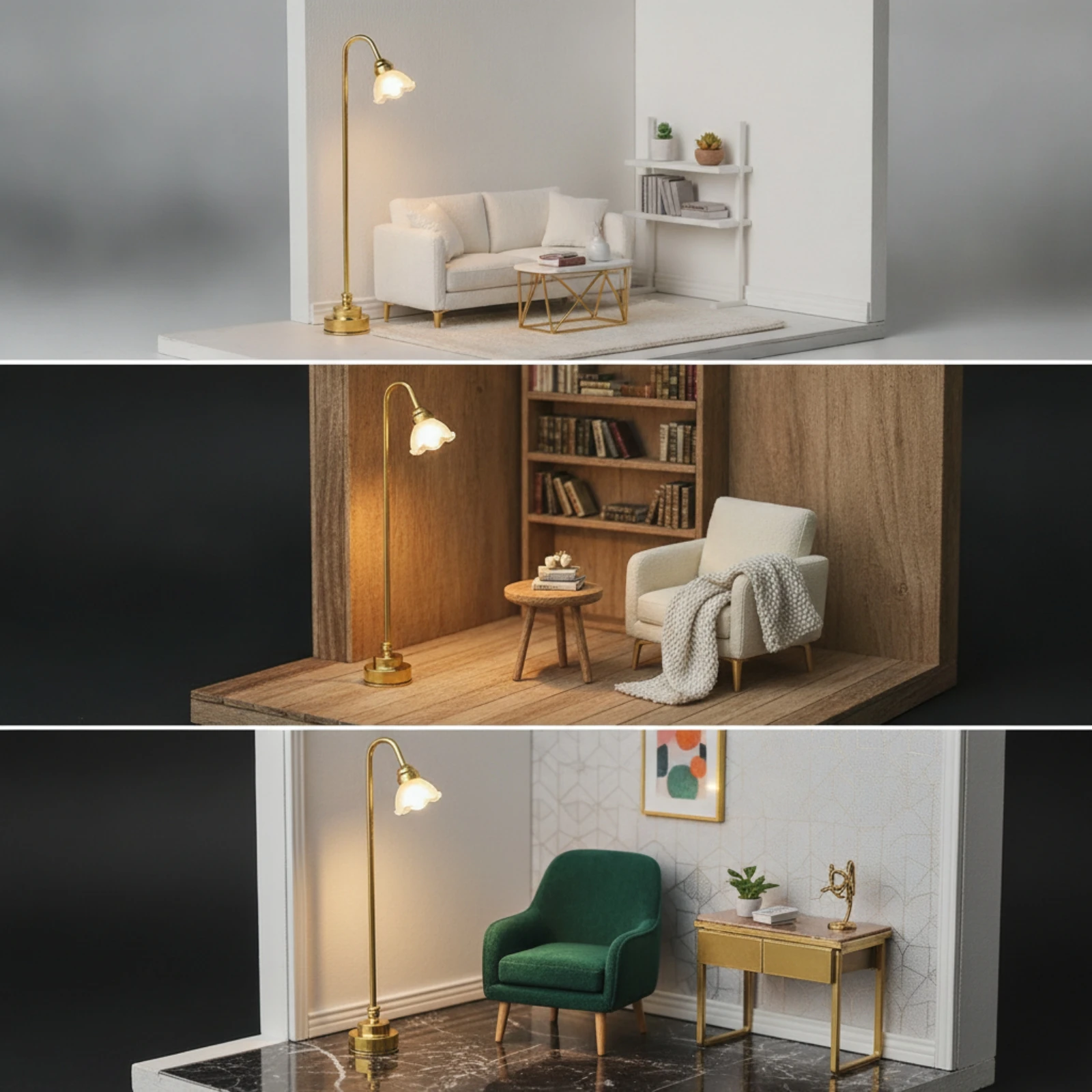 Miniature Lamp with LED Battery-Operated Dollhouse Standing Light Dollhouse Light Gold-Tone for Miniaturists, Diorama view 5