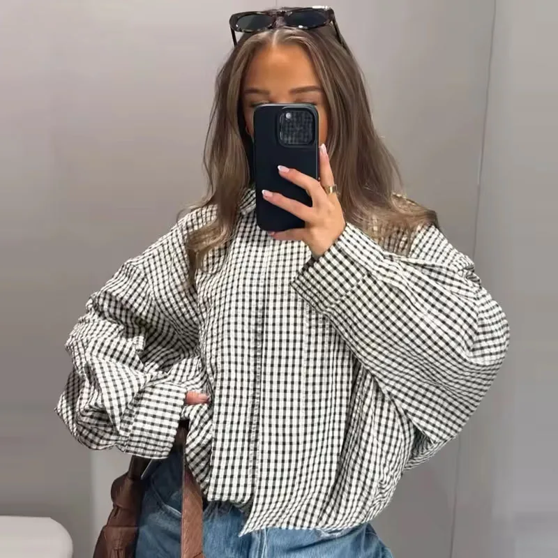 BKQU Plaid Women's Bomber Jacket Casual Loose Stand Collar Long Sleeve Zipper Pocket Short Coat Versatile Street Lady Outerwear