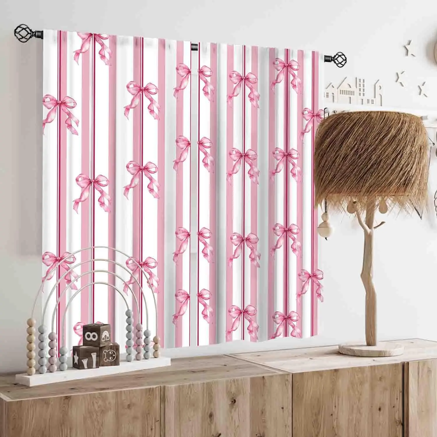 Watercolor Pink Bow Stripe Window Curtain Soft Vertical Ribbon Light Filter Privacy Drape For Bedroom Living Room Homestay Decor