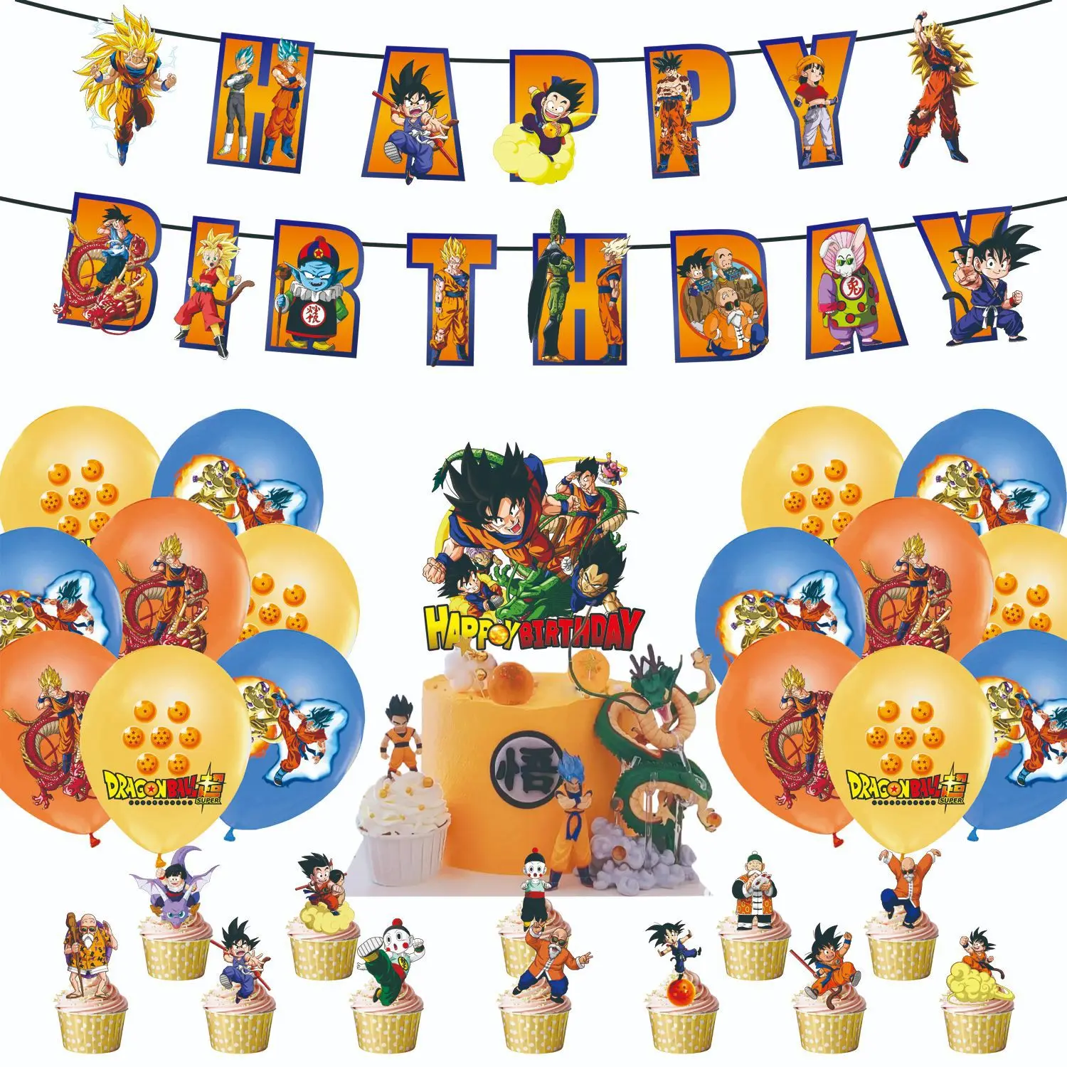 Hot Cartoon Dragon Ball wukong Birthday Party Supply Disposable Banner Cake Topper Hanging Flag Balloons Set Birthday Decoration