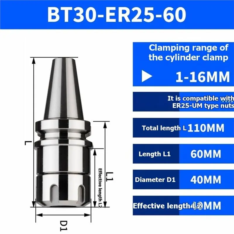 BT30-ER25-60L CNC Tool Holder BT30 ER25 60Mm Length G6.3 15000Rpm Balanced Collet Chuck