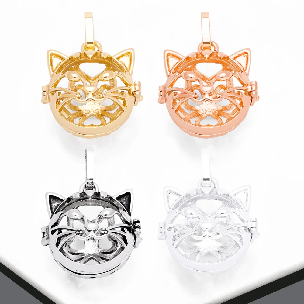 OCESRIO Big Retro Cute Cat Harmony Ball Pendant for Necklace Copper Gold Plated Meow Jewelry Making Supplies Wholesale pdtb213