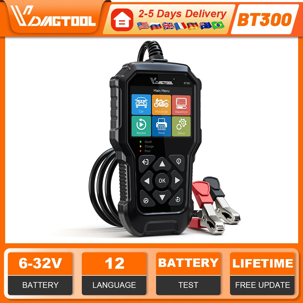 VDIAGTOOL BT300 5-3000 CCA 6V/12V Moto Cat Battery Tester Battery Health Check Cranking Test Automotive Battery Charger