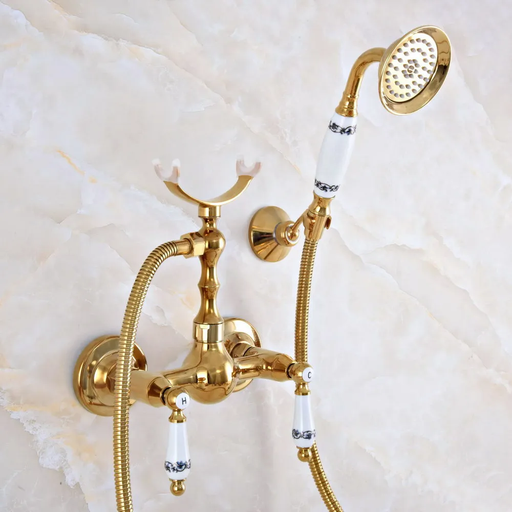 

Modern Golden Brass Wall Mounted Bathroom Shower Faucet Set with 1500MM Hose Handheld Spray Head Mixer Tap Dna930