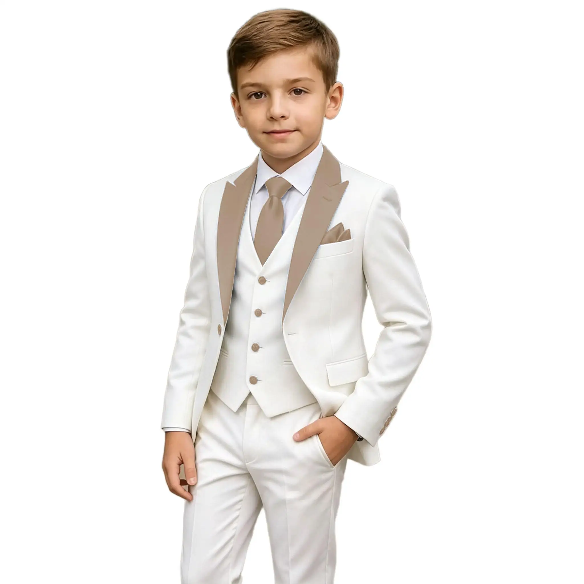 

Flower Boys Formal White 3-Piece Wedding Suit Peak Lapel Blazer Vest Pants Slim Fit Tuxedo Business Costume for Kids Party Prom