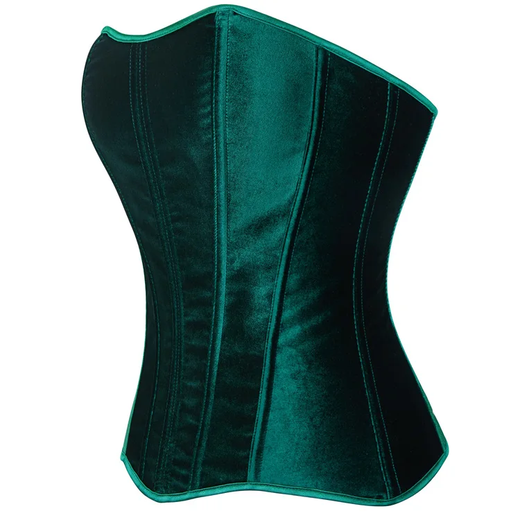 Green Velvet Overbust Corset Top for Women Lace-Up Side Zipper Waist Bustiers Body Shaper Lingerie Long Torso Corselet Mujer