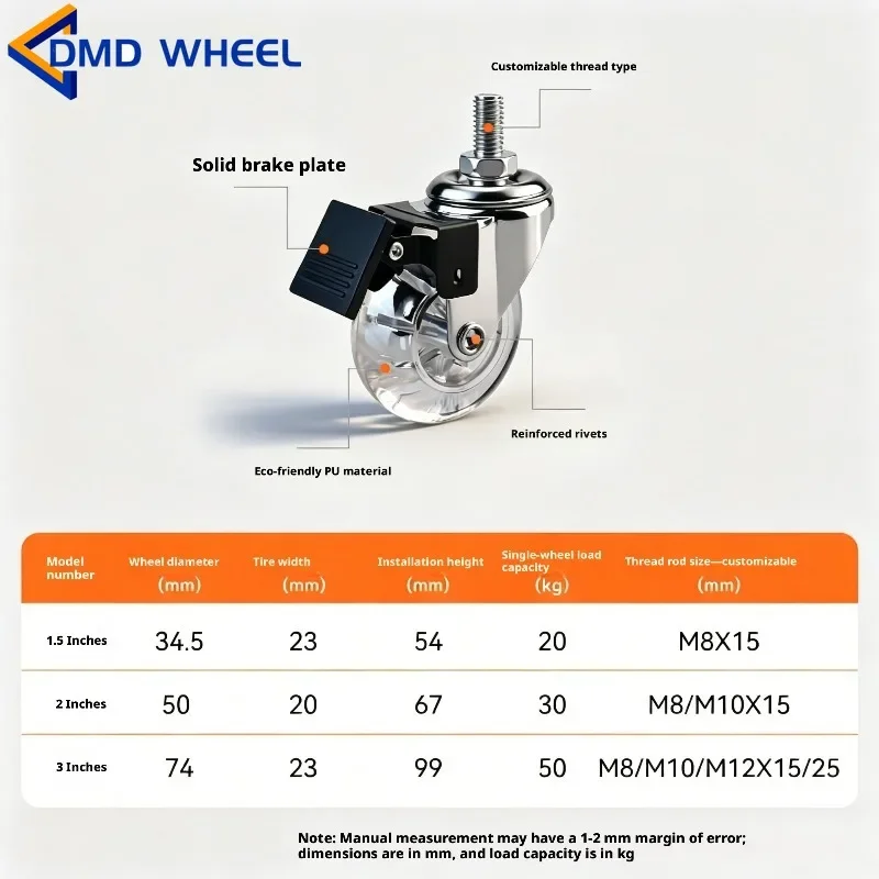 4 Pcs 1.5/2/3 Inch Screw Crystal Transparent Universal Wheel PU Material Silent Caster with Brake Furniture Chair Table