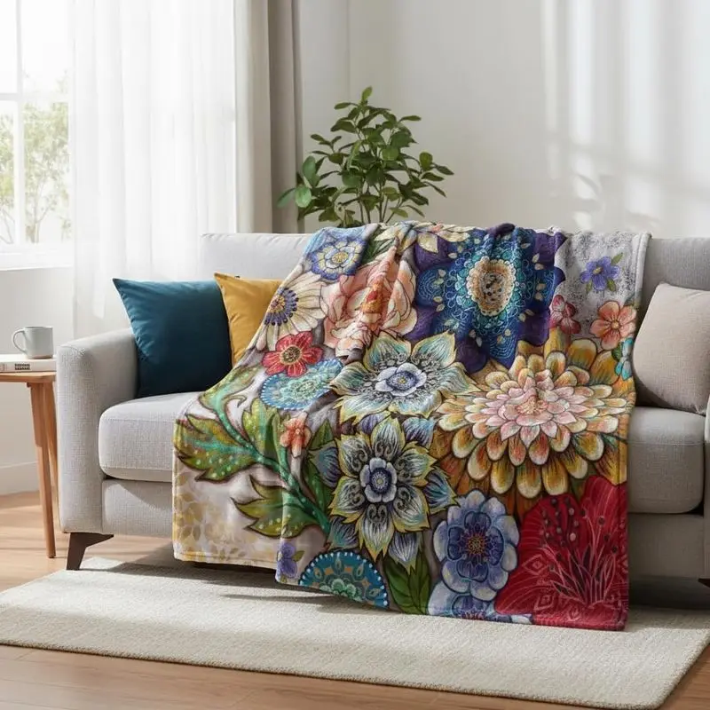 VIKAMA Boho Mandala Floral Quilted Throw Blanket Vibrant Mixed Flower Print Home Sofa Camping Decor Gift Cover