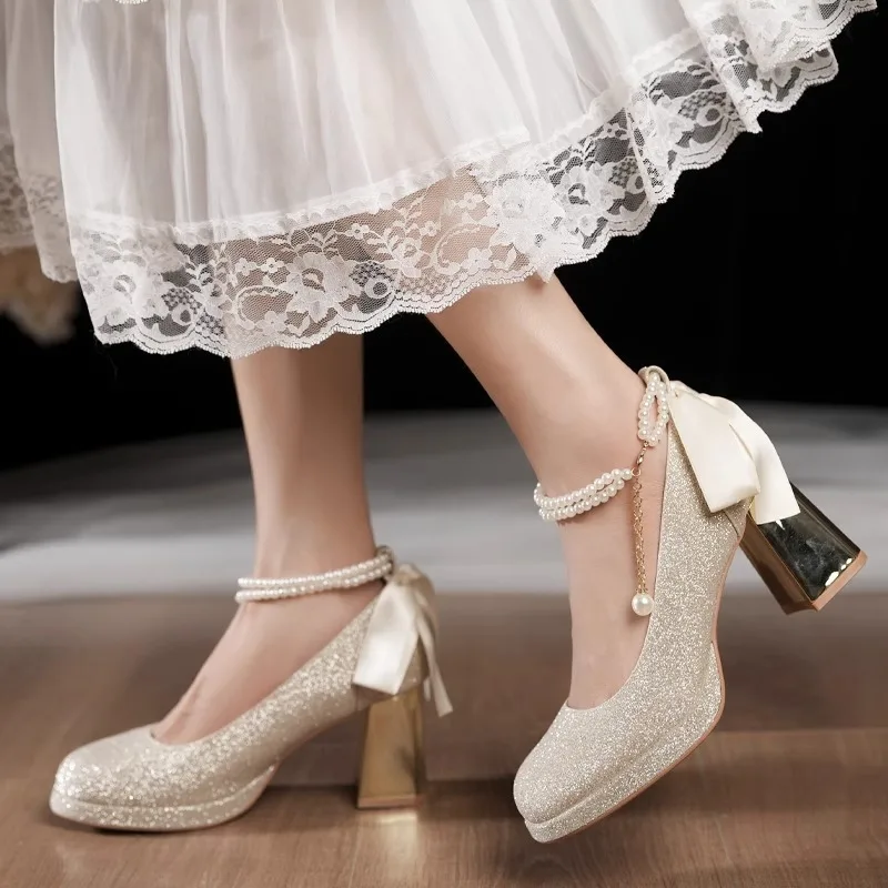 

2025 Summer Mary Janes Women's High Heels Round Toe String Bead Buckle Strap Chunky Heels Bling Pumps for Fashion Dress Party