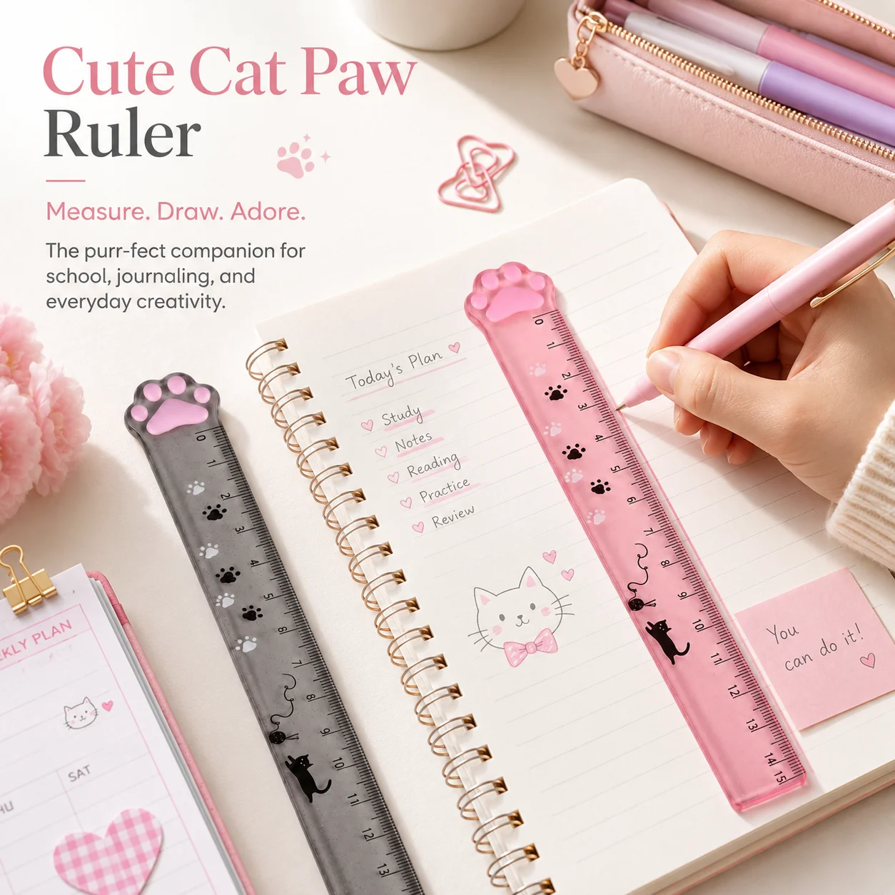 Cat Paw Ruler, 15cm Cute Measuring Scale with Wave Edge, Kawaii Stationery for Students