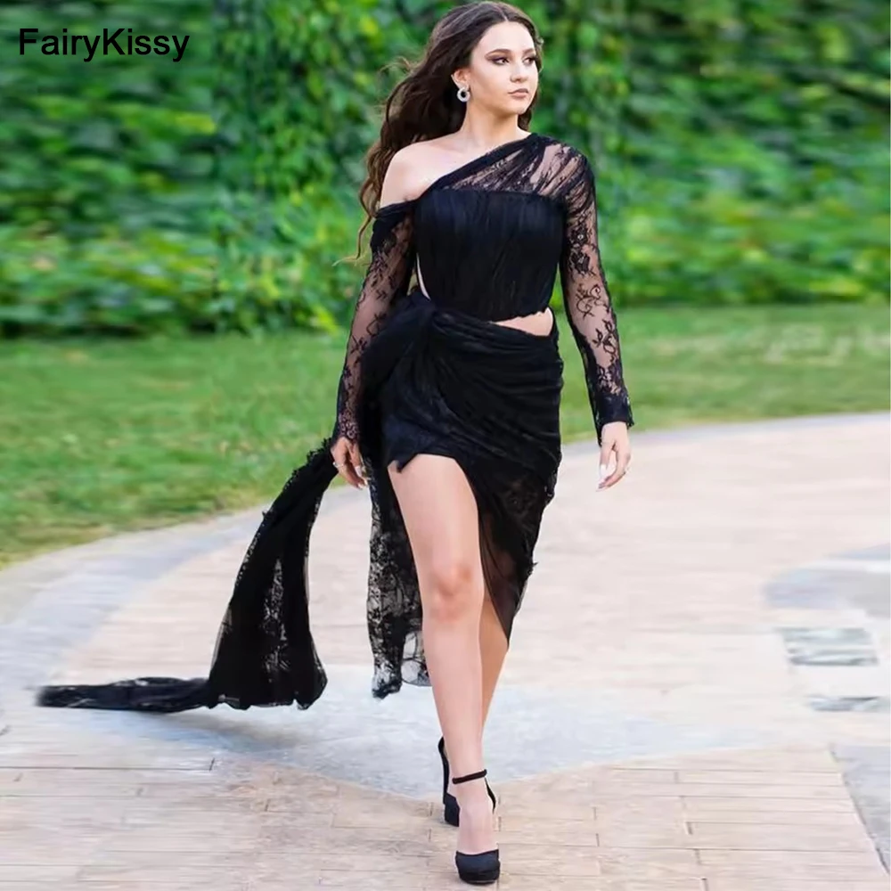 

FairyKissy Sexy Black Lace Illusion Asymmetrical Long Evening Dress See Through Full Sleeves Cut Out Maxi Cocktail Party Gowns