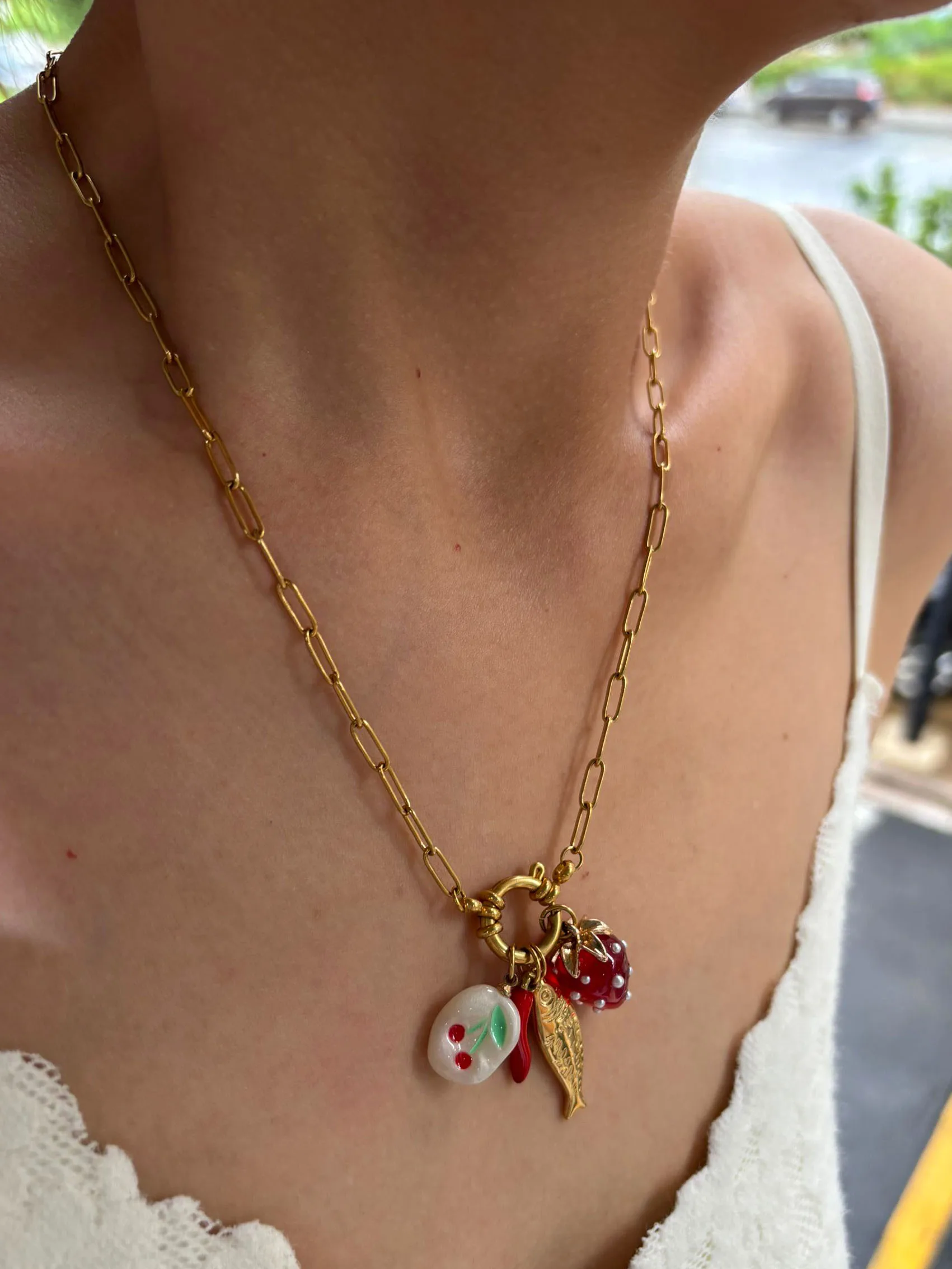 Peri'sbox Imitation Pearl Resin Enamel Strawberry Cherry Fish Pendant Necklace Women Trendy Stainless Steel Creative Jewelrys