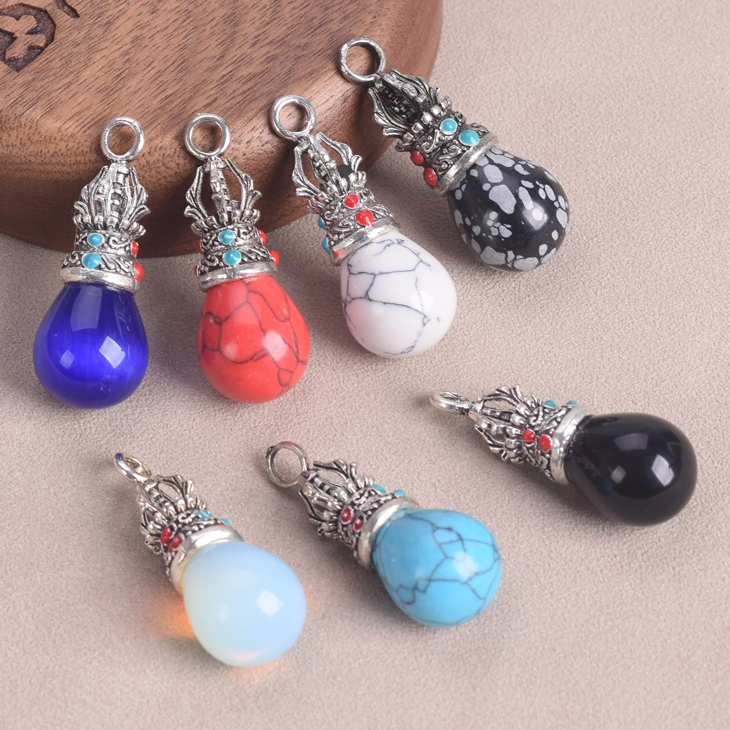

2pcs Buddhist Teardrop Charm Pendant 39x15mm Stone Glass Tibetan Silver Color Pendants For Jewelry Making DIY Cfaft Findings