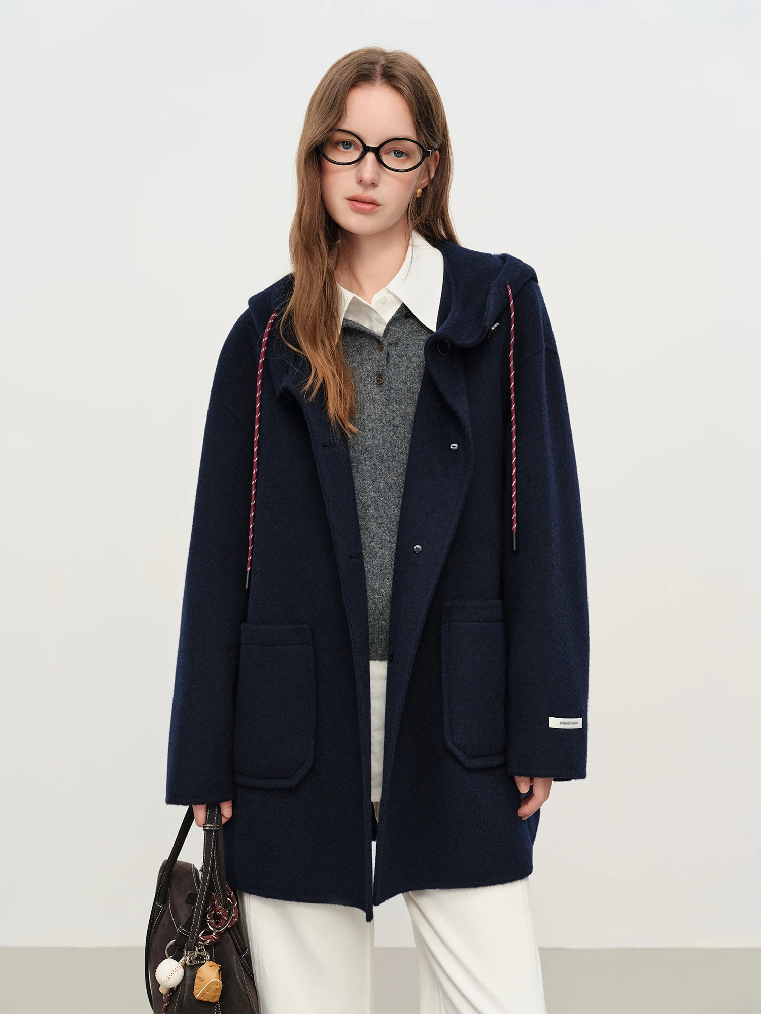 FSLE College Style Age-reducing Hooded Double-faced Wool Coat for Women Mid-length Wool Coat Pockets Gray Girlish