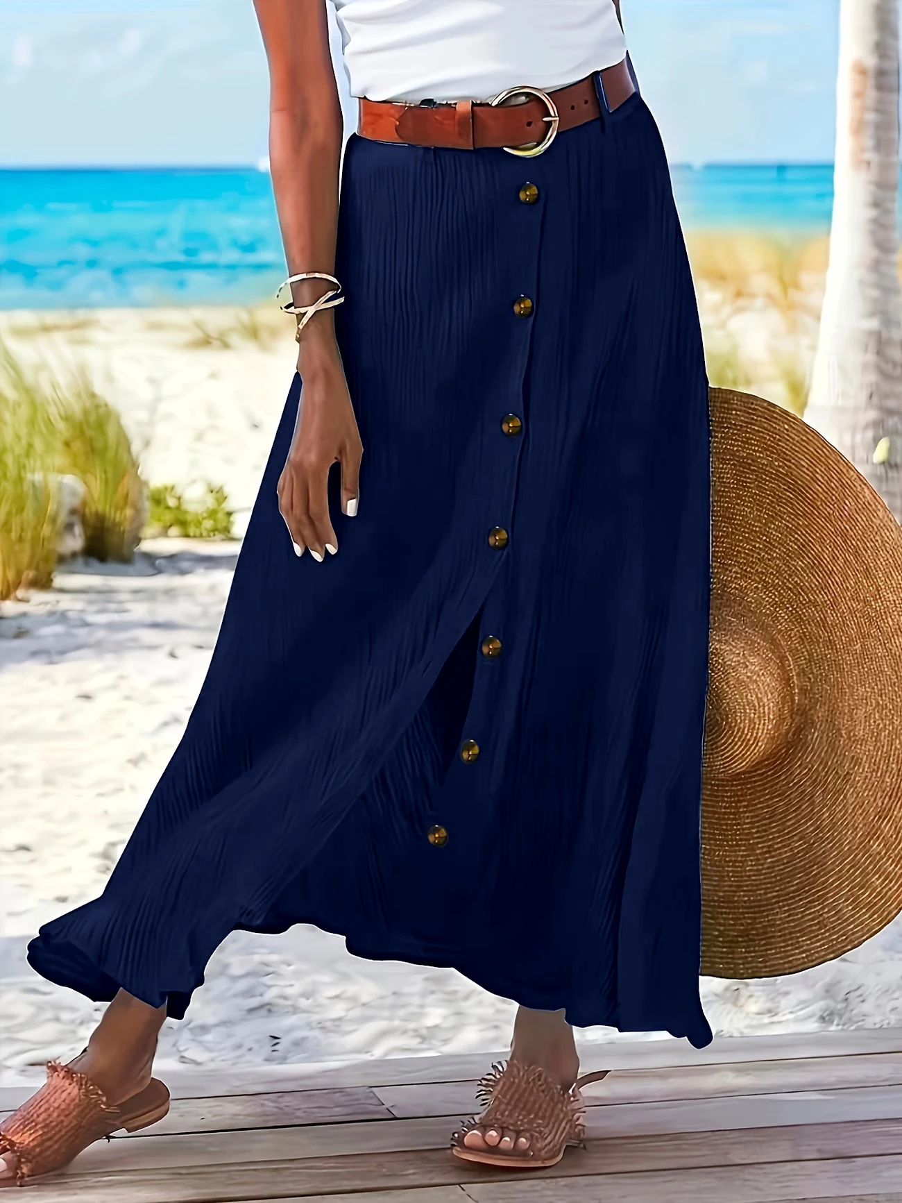 Women Navy Blue Maxi Skirt High Waist Button Down Long Beach Holiday Vacation Elegant Boho Casual Bottoms