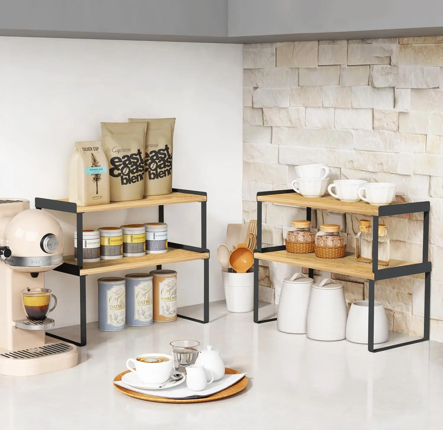 Kitchen Cabinet Shelf Organizer Set of 4, Stackable Cabinet Shelves Riser for Plates Dishes Cups Mugs Spices, Pantry Cupboard
