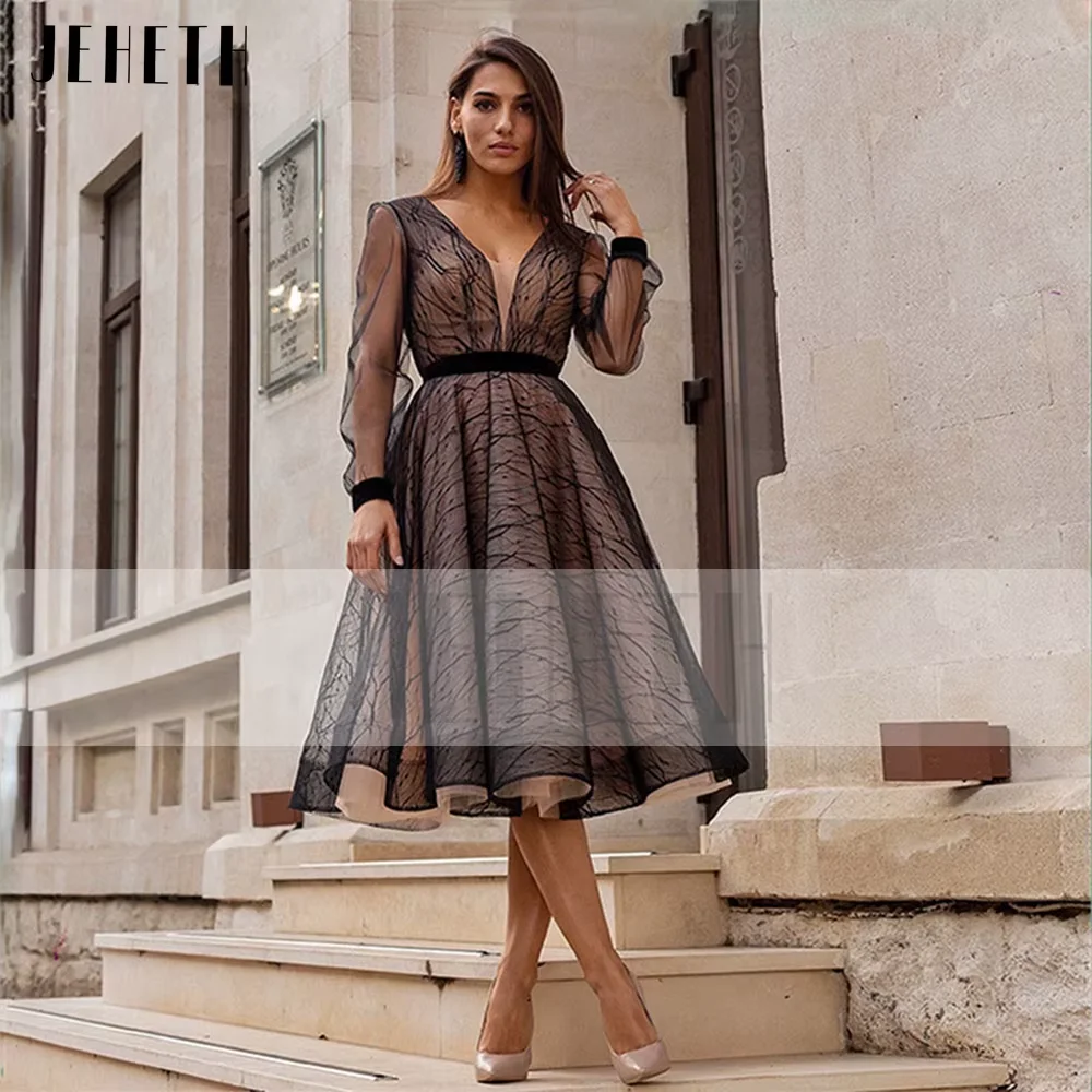 

JEHETH Black Long Sleeves Tulle Prom Dress Women Elegant V-Neck Bow A Line Evening Celebrity Party Gown Tea Length Customized