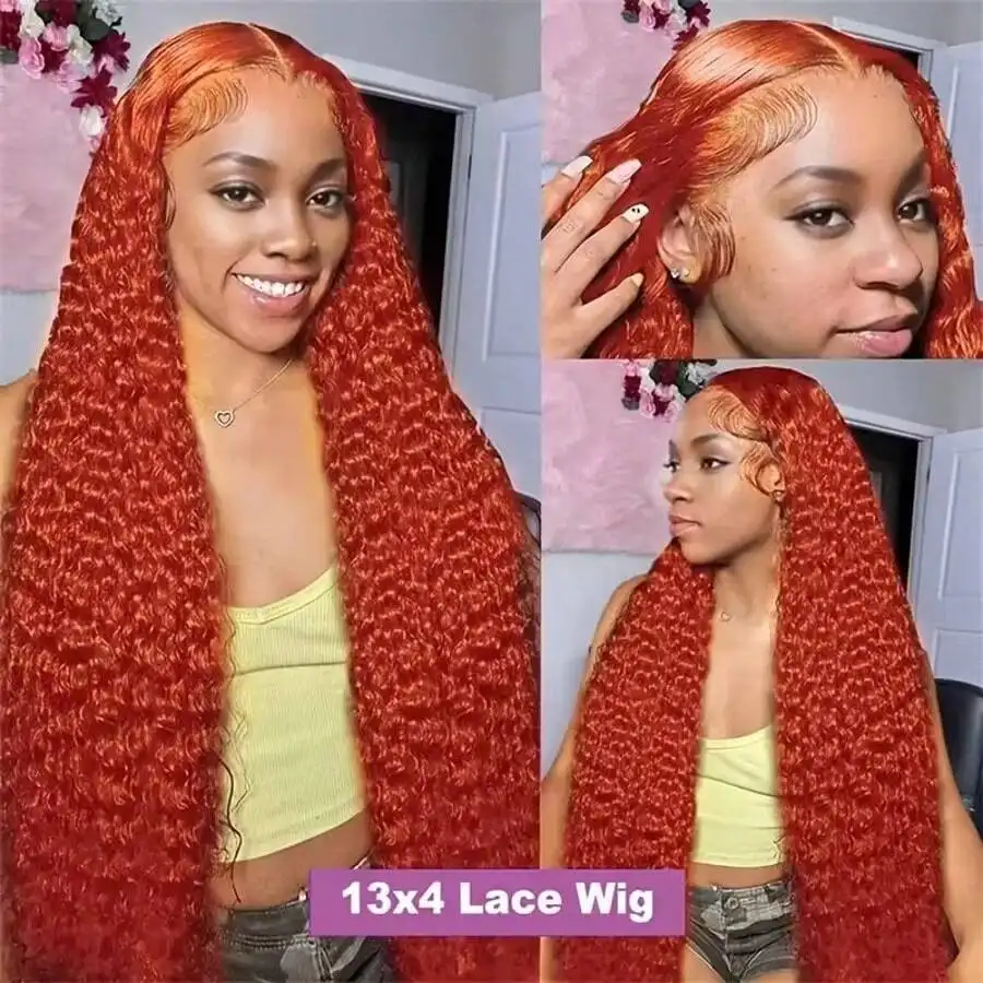 Ginger Orange Curly 13X6 Hd Lace Frontal Human Hair Wig 200 Density Deep Wave Human Hair Wigs 13X4 Brazilian Orange Colored Hair For Women