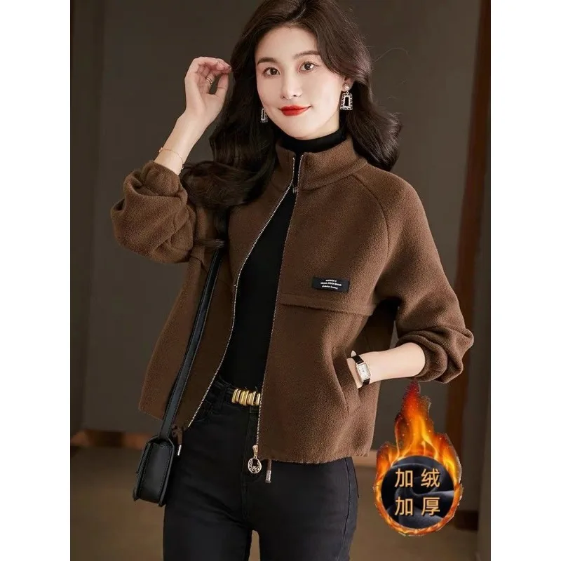 New Velvet Jacket Baseball Uniform Short Women's Autumn and Winter Popular Style High Waist Thickened Cardigan