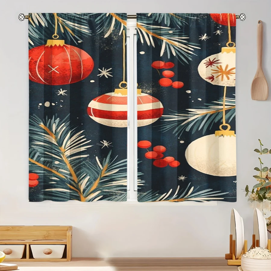 2PCS Digital Print Curtain, Vintage Christmas Ornament Balls with Pine Branches and Red Berries on Dark Blue, for Bedroom Decor