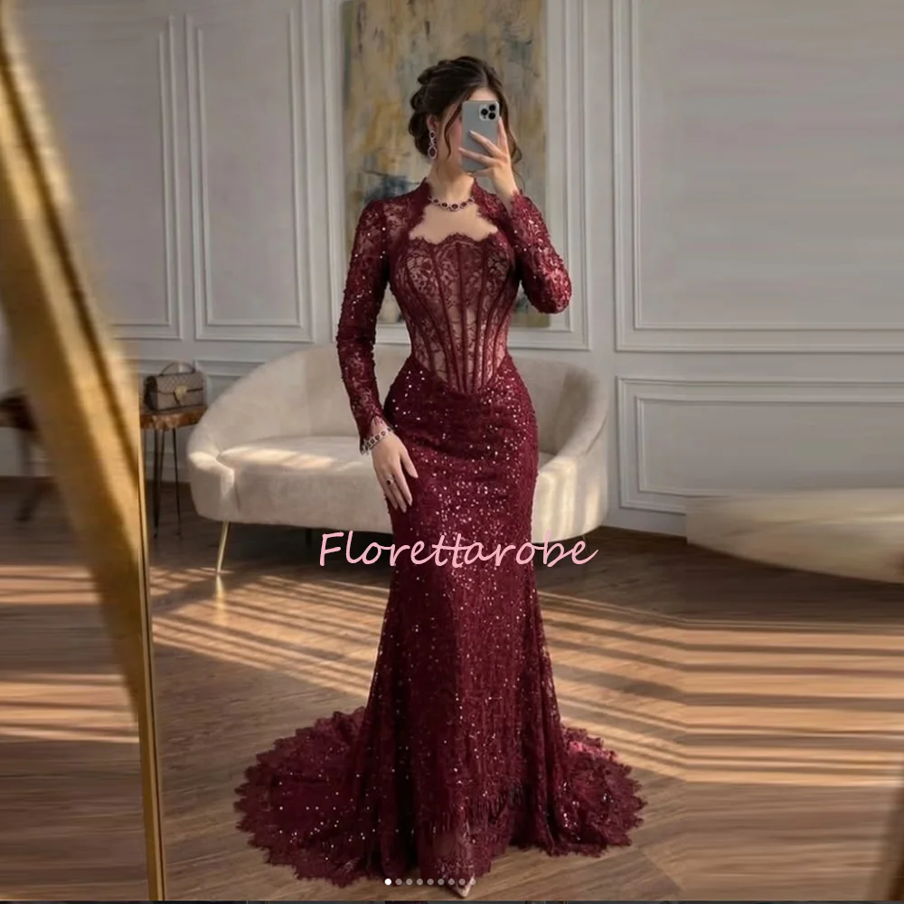 Maßgeschneidertes burgunderrotes Abendkleid, luxuriöse Spitze, Pailletten, lange Ärmel, Meerjungfrauen-Stil, formelles Abendkleid für Damen, Vestidos De Noiva