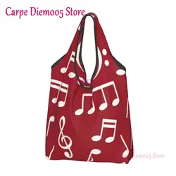 Kawaii White Music Notes On Red Background Shopping Tote Bags Portable Custom Design Music Groceries Shopper Shoulder Bag