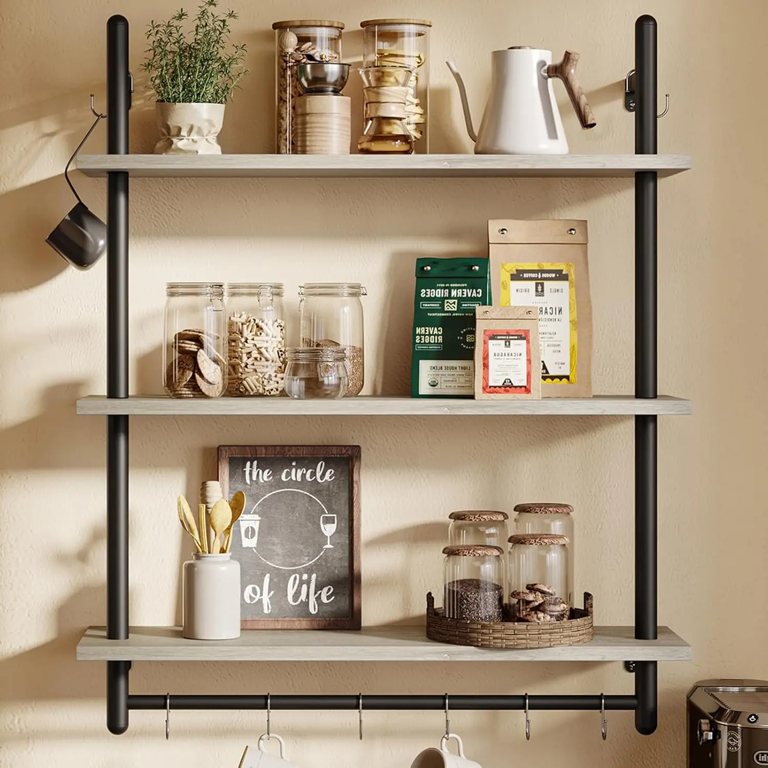 

3 Tier Industrial Pipe Shelving, Floating Book Shelves For Wall, Storage Hanging Shelves With Towel Bar For Bathroom Organizer