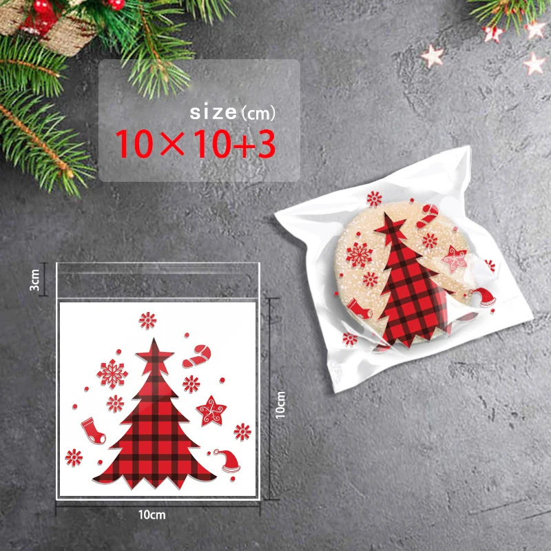 100pcs Christmas Candy Cookie Bags Self-Adhesive Gift Packaging Biscuit Snack Baking Bag Navidad New Year Party Xmas Supplies