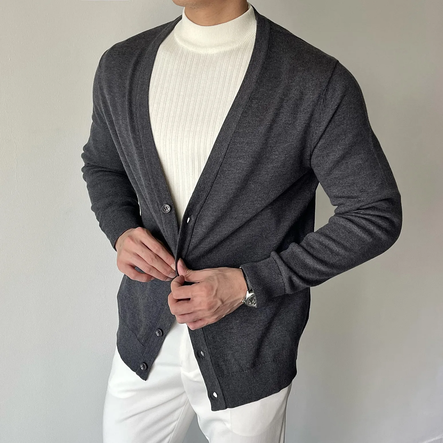 

Men's Knitted Cardigan V-Ne Basic Casual Pure Color Spring Autumn Busin Sle Long Sve Button up Breathable Sweater