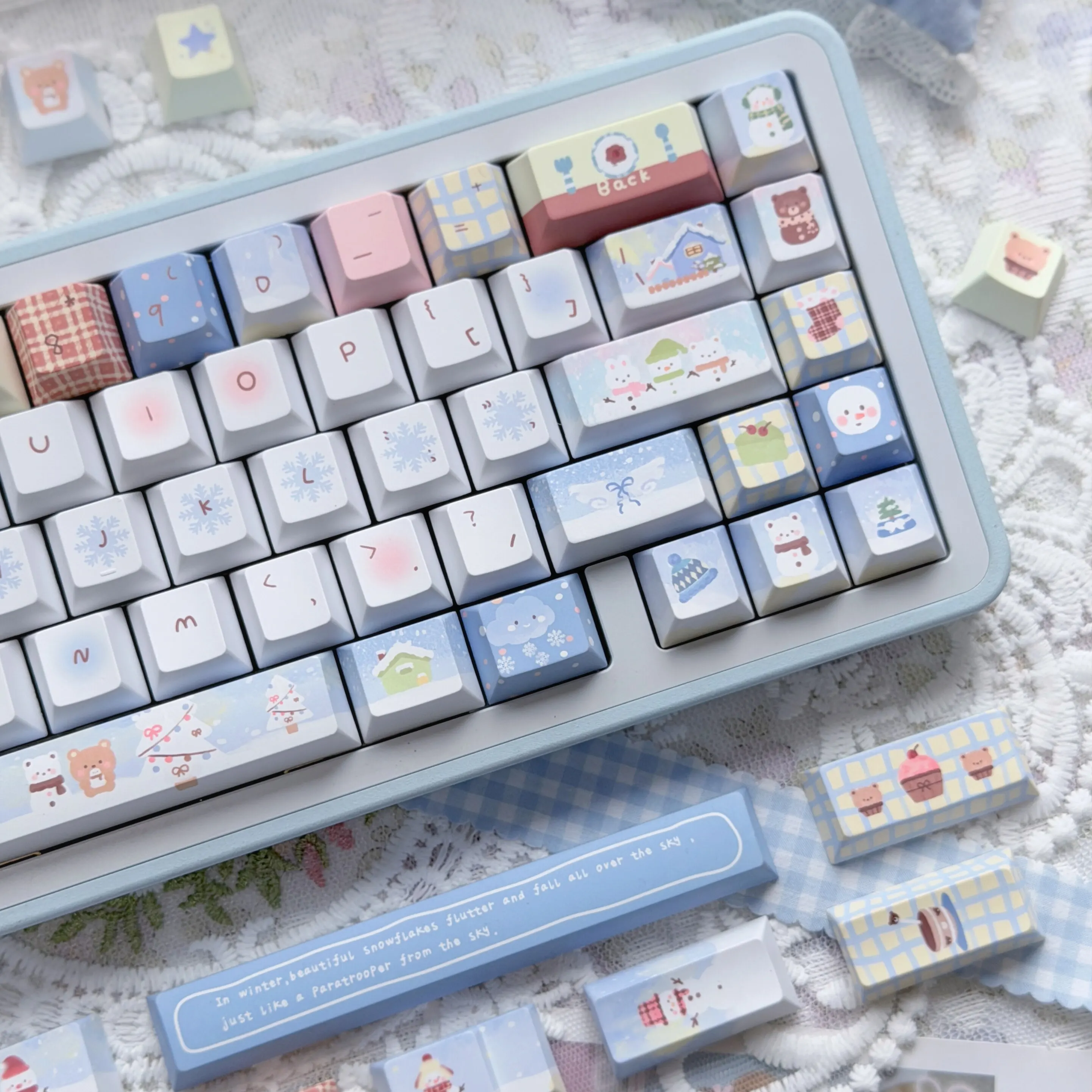 MAIMOOO Winter Bear Keycap Cherry Profile PBT Thermal Sublimation Blue Pink Cute Snowflake Keycaps for Mechanical Keyboard Gifts