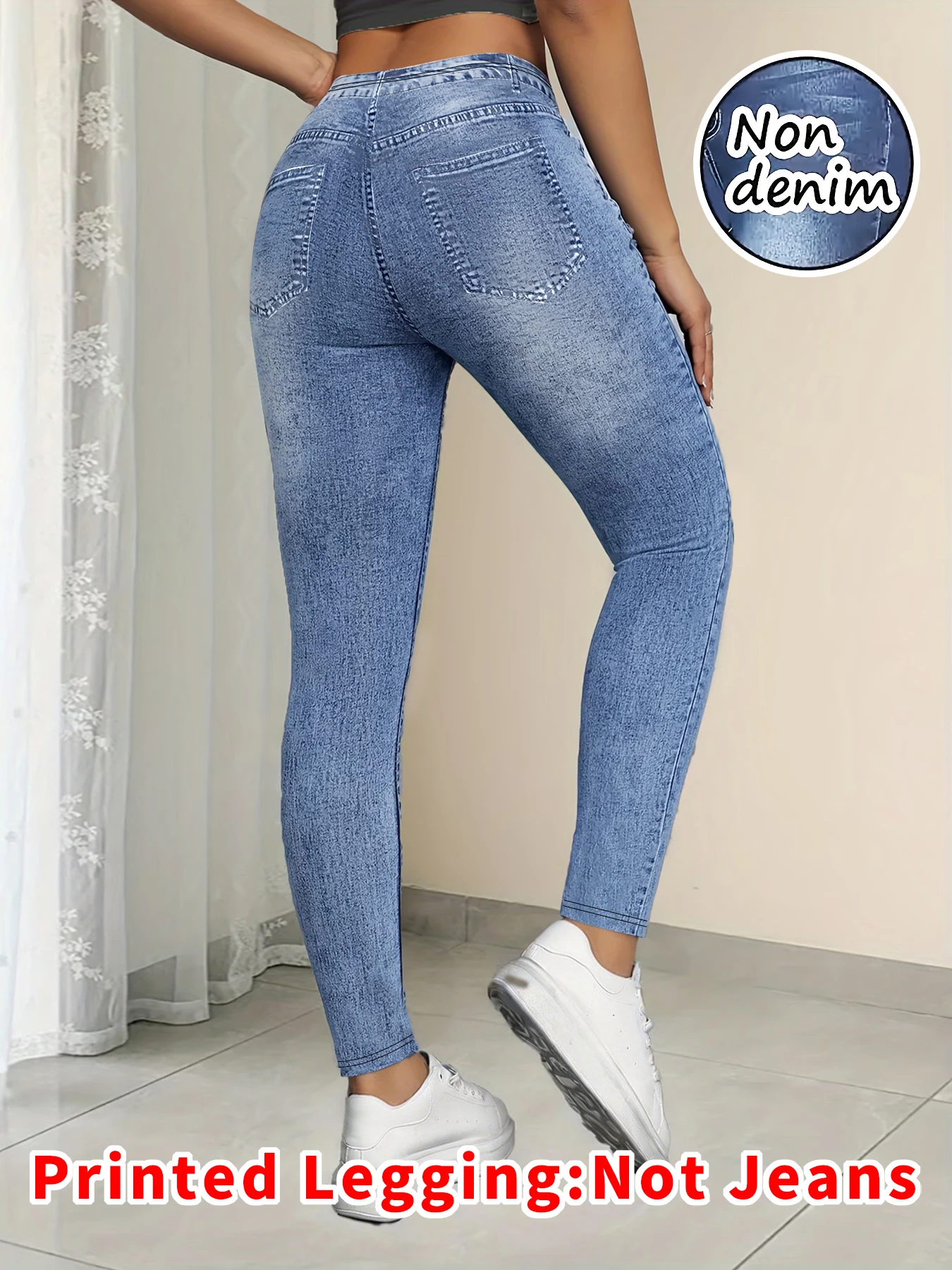 Printed Legging‑Not Denim Fabric All‑over faux‑denim printed long pants with faux pocket and button print details. New‑arrival