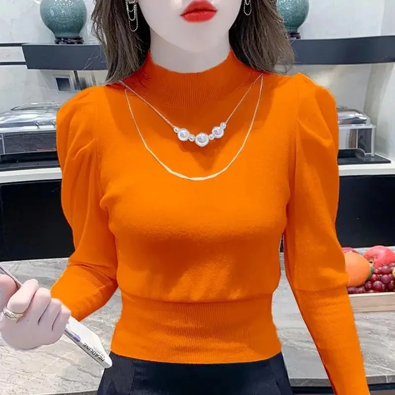 

Women Puff Sleeve Sweater Pullover Knitwear 2025 Autumn Winter New Fashion Top High Waist Knitted Bottoming Shirt Female