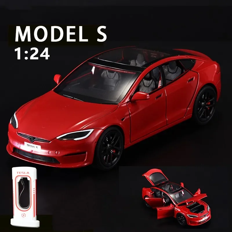 1:24 Tesla Model S Alloy Car Model Diecast Metal Toy Vehicle Car Model Simulation Collection Sound Light Kids Toy Gift