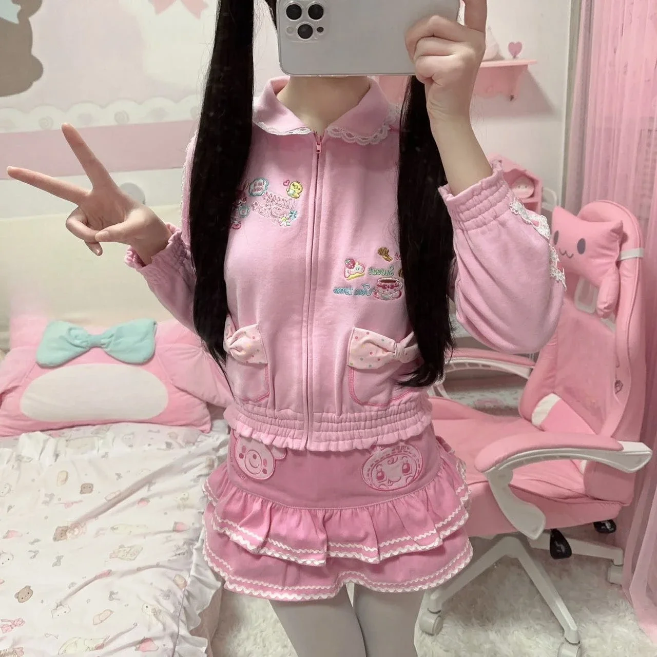 

Японский кавайный свитшот с длинным рукавом, женский повседневный розовый мультяшный патч, Лолита, милая субкультура, Harajuku, милая женская одежда