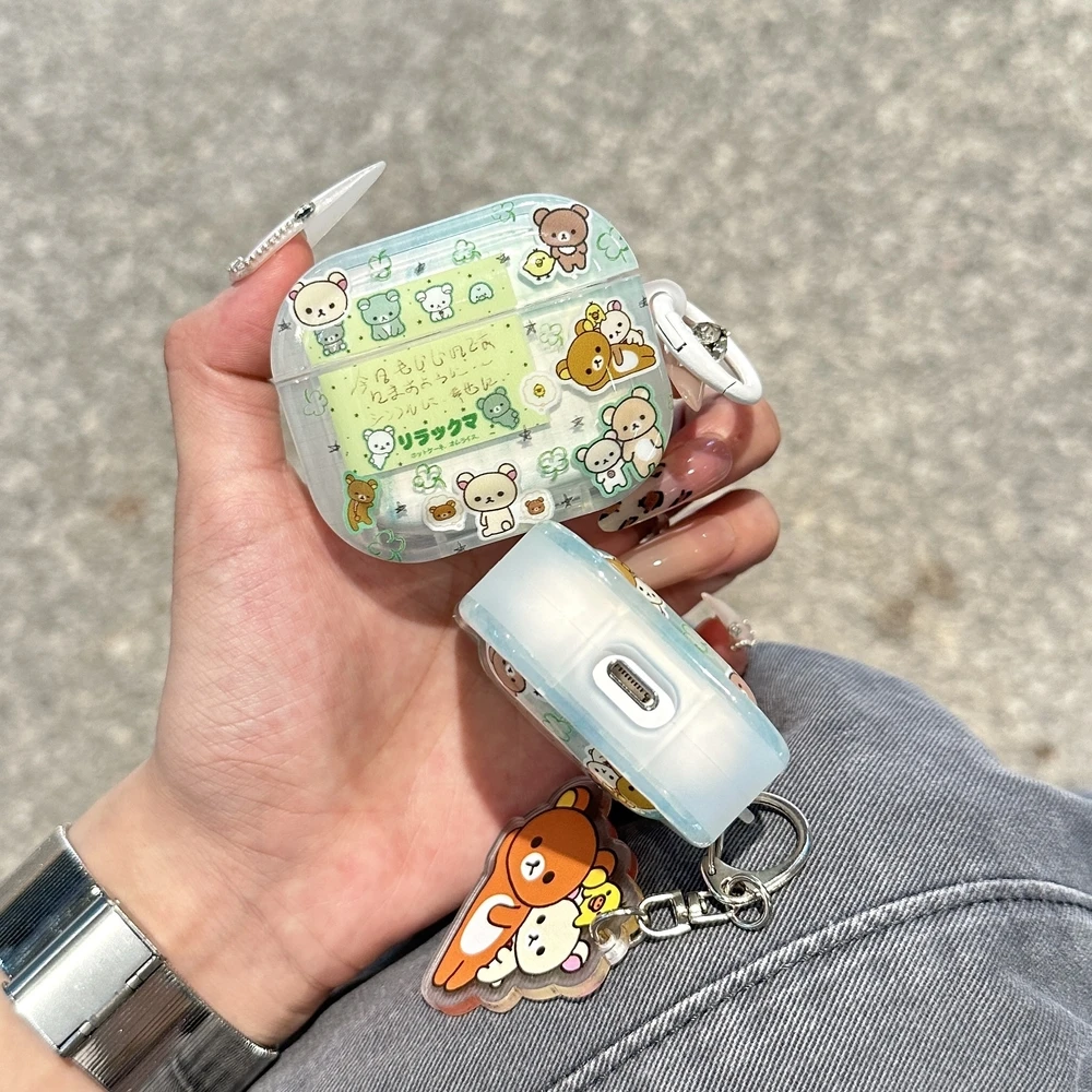 لطيف الكرتون Rilakkuma الدب حقيبة سماعة الاذن ل Airpods 4 2 3 1 Pro 3 2 سماعة لاسلكية تعمل بالبلوتوث سماعة الغطاء الواقي مع قلادة