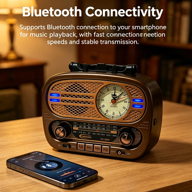 Portable Vintage Radio Retro Clock FM AM SW Radios Wireless TWS Stereo Bluetooth Speaker with LED Flashlight TF Card USB Port