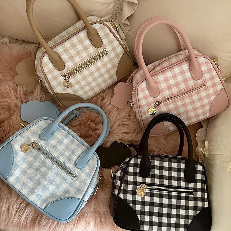 Cute Plaid Tote Anime Peripheral Daily Commute Kawaii Crossbody Bag Vintage Girly Critter Large Capacity Surprise Birthday Gifts