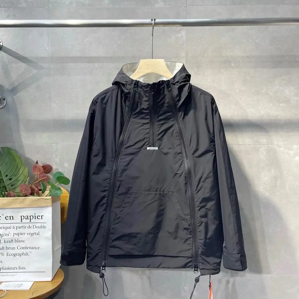 2022 Japanese new fashionable double zipper jacket men hooded handsome half zipper youth ruffian Outdoor casual jacket Hip Hop