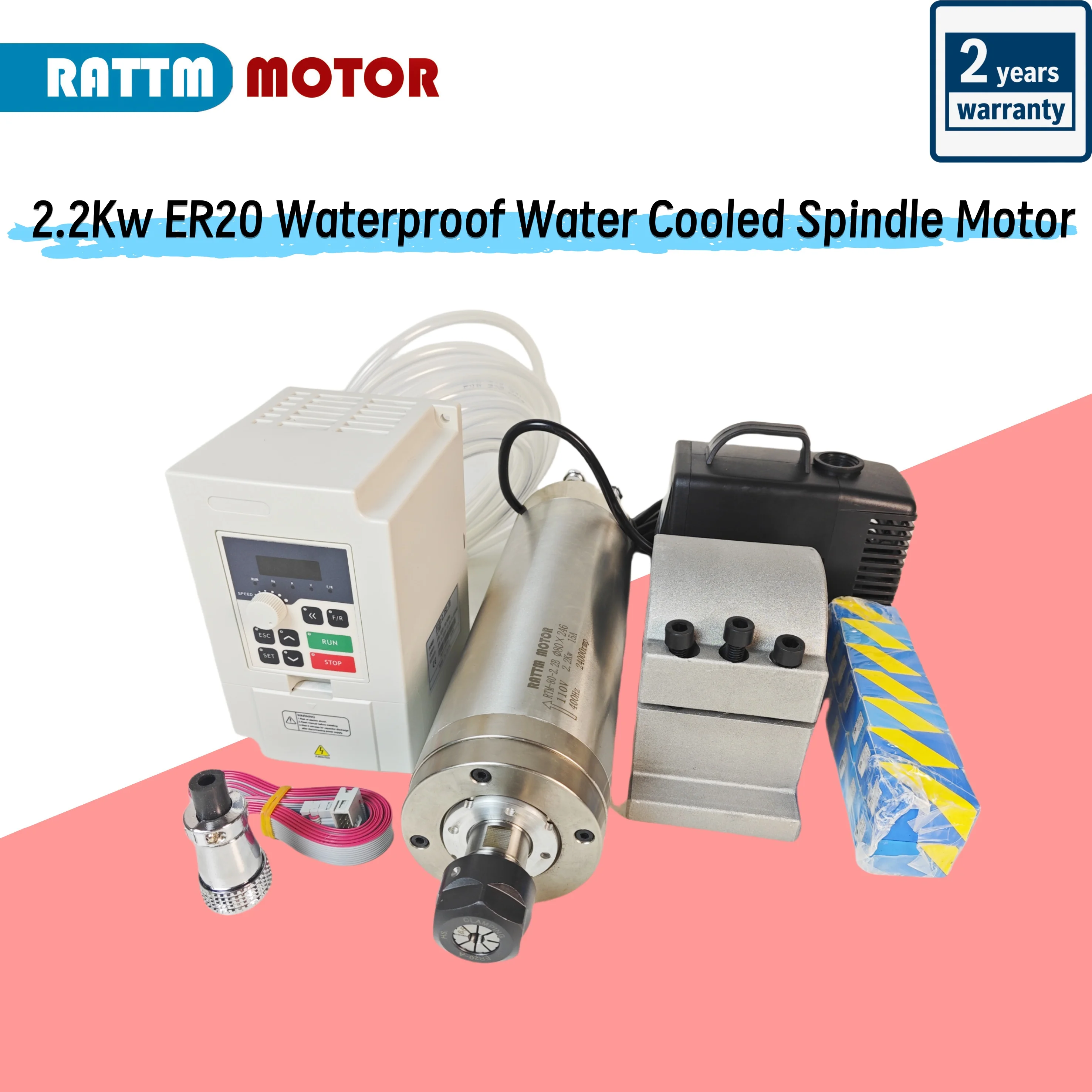 

2.2Kw ER20 Waterproof Water Cooled Spindle Motor 220V & 2.2KW Inverter VFD 220V & 80mm Clamp & 80W Pump for CNC Milling Machine