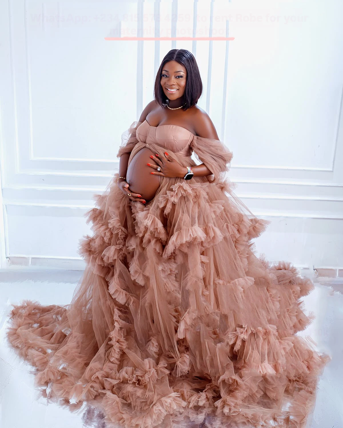 Fashion Dusty Pink Ball Gown Pregnancy Dresses for Party Tiered Ruffle Exaggerated Tulle Maternity Dress Open Front Woman Robes