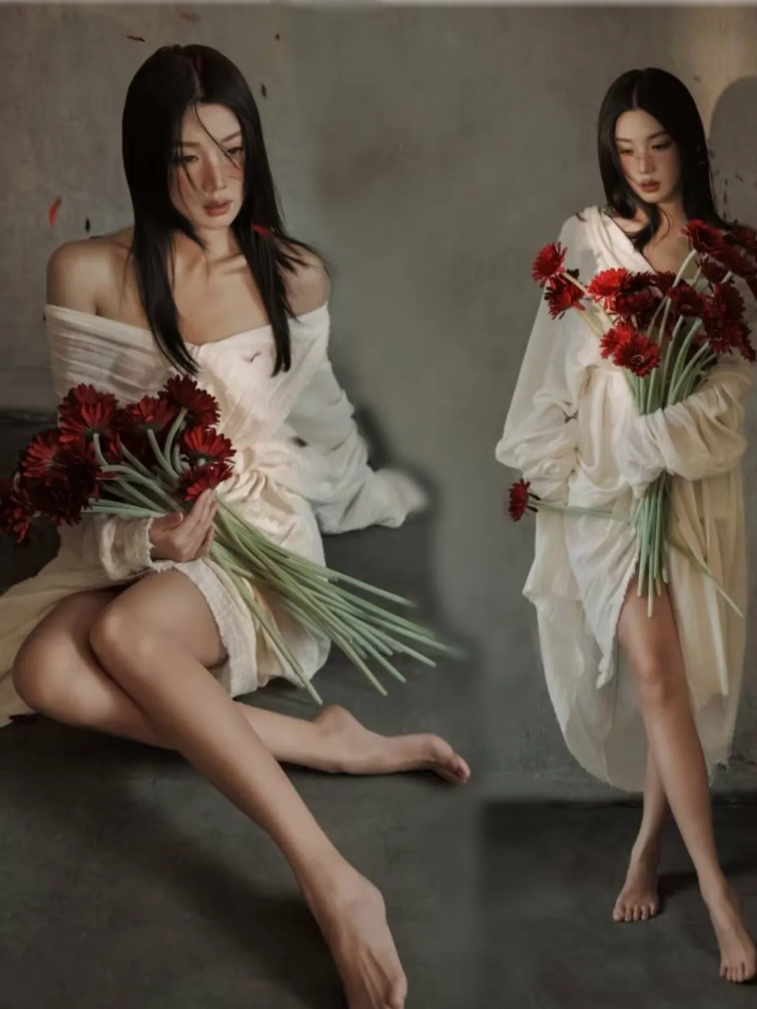 

Retro Oil Painting Atmosphere Girl's Cold Tone Dress Photography Costume Personal Portrait Photography Vintage Studio Theme