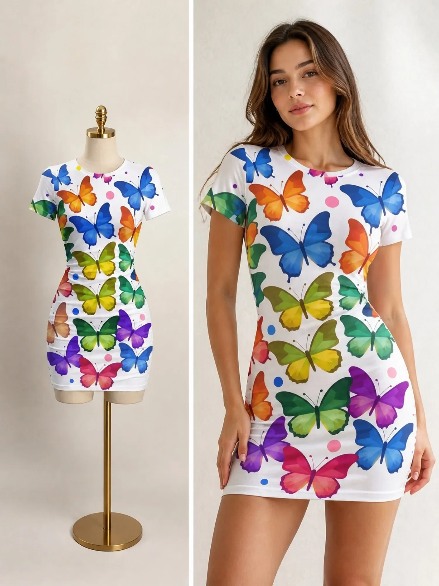Womens Short Sleeve Bodycon Mini Dress Elegant Slim O-Neck Butterfly Flower Wind Shadow Pattern Print Casual Summer Short Dress