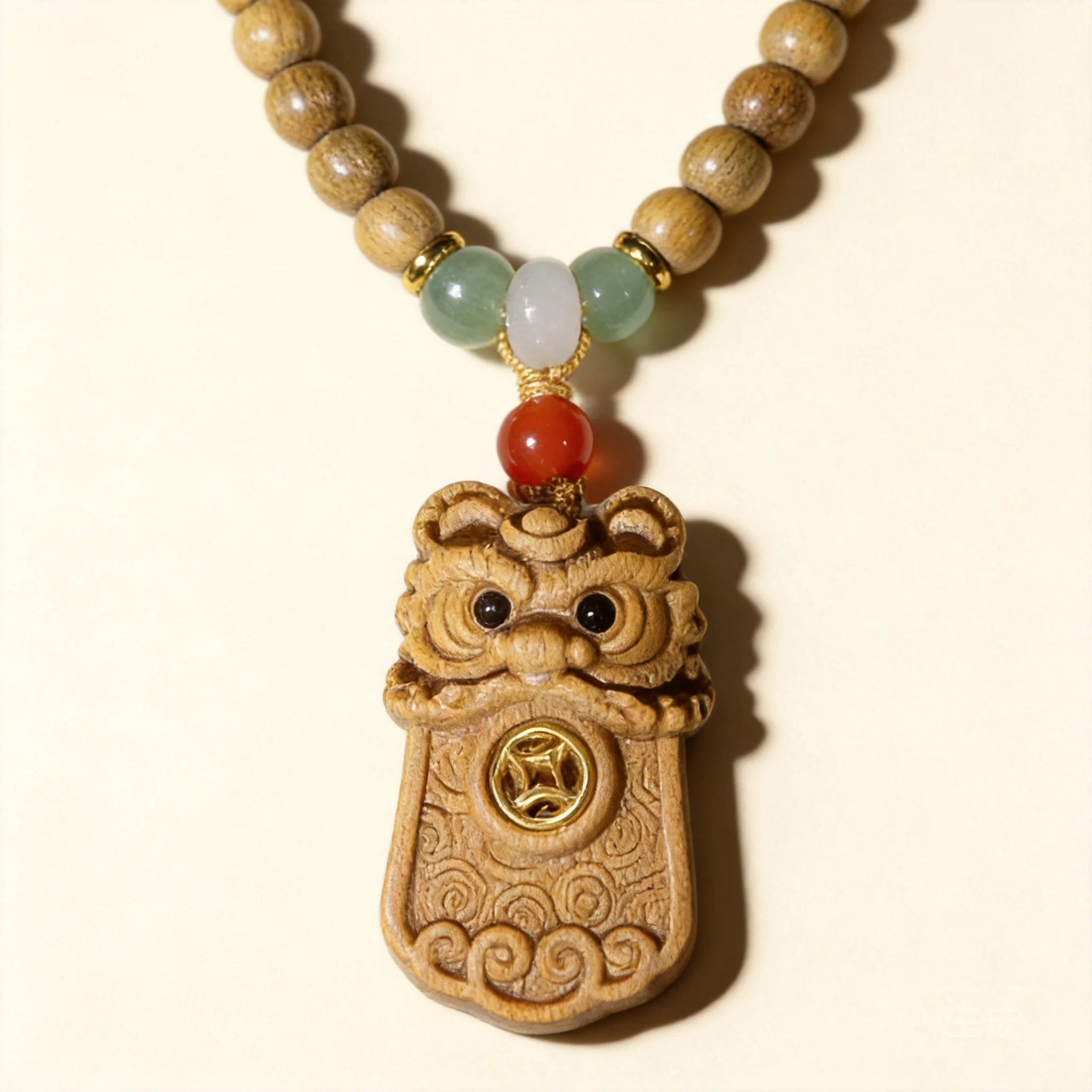 Chinese Traditional 6mm Green Sandalwood Beaded Bracelet Necklace Lucky Wealth Attracting Golden Swallow Beast Pendant Buddhist