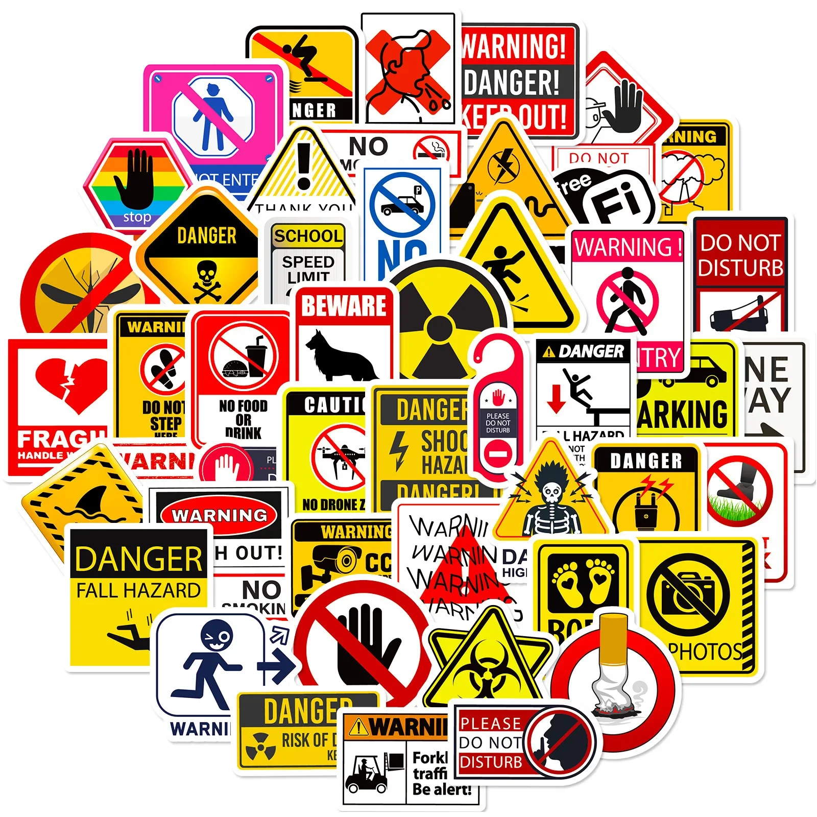 Warning Signs Stickers [50pcs/100pcs] Bans Cautions Directions Stickers for Helmet Water Bottle Laptop Phone Skateboard Travel