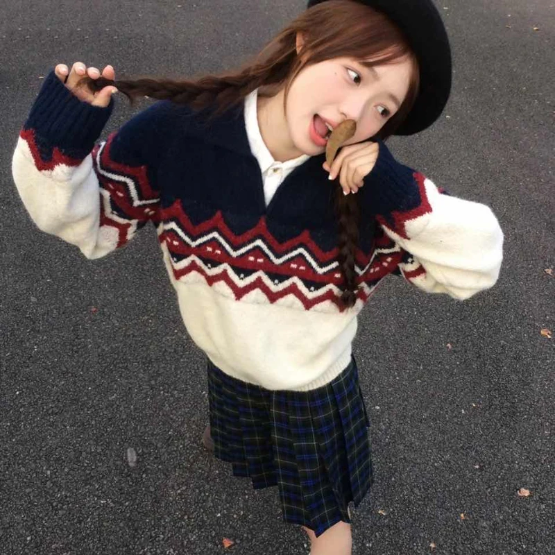 

Deeptown Vintage Sweater Women Preppy Style Kawaii Knit Pullovers Japanese Style Patchwork Autumn Winter Retro Casual Sweaters