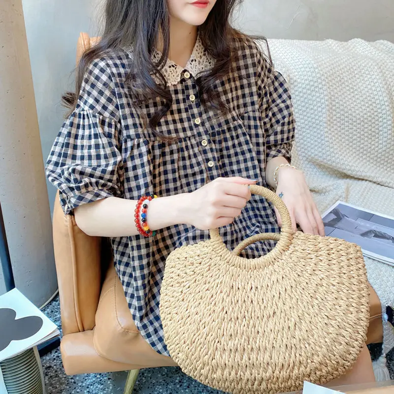 Shirt Top Summer Fashion New Korean Version Plaid Cotton Linen Lace Stitching Doll Collar Blouse Women\'s Short Sleeves Casual