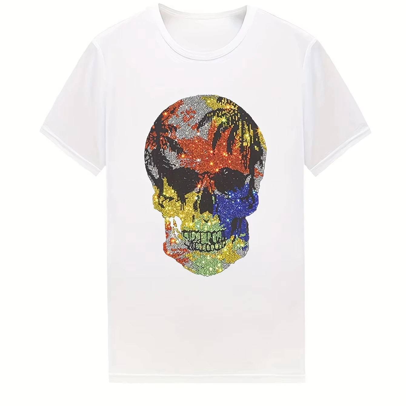 2026 Men Women Sparkling Rhinestone Skull Graphic T-Shirt Black with Multicolor Bling Round Neck Short Sleeve Casual Tee