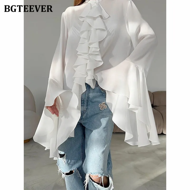 

BGTEEVER Stylish Ruffles Women Blouses Shirts Casual Flare Sleeve Ladies Chiffon Shirts