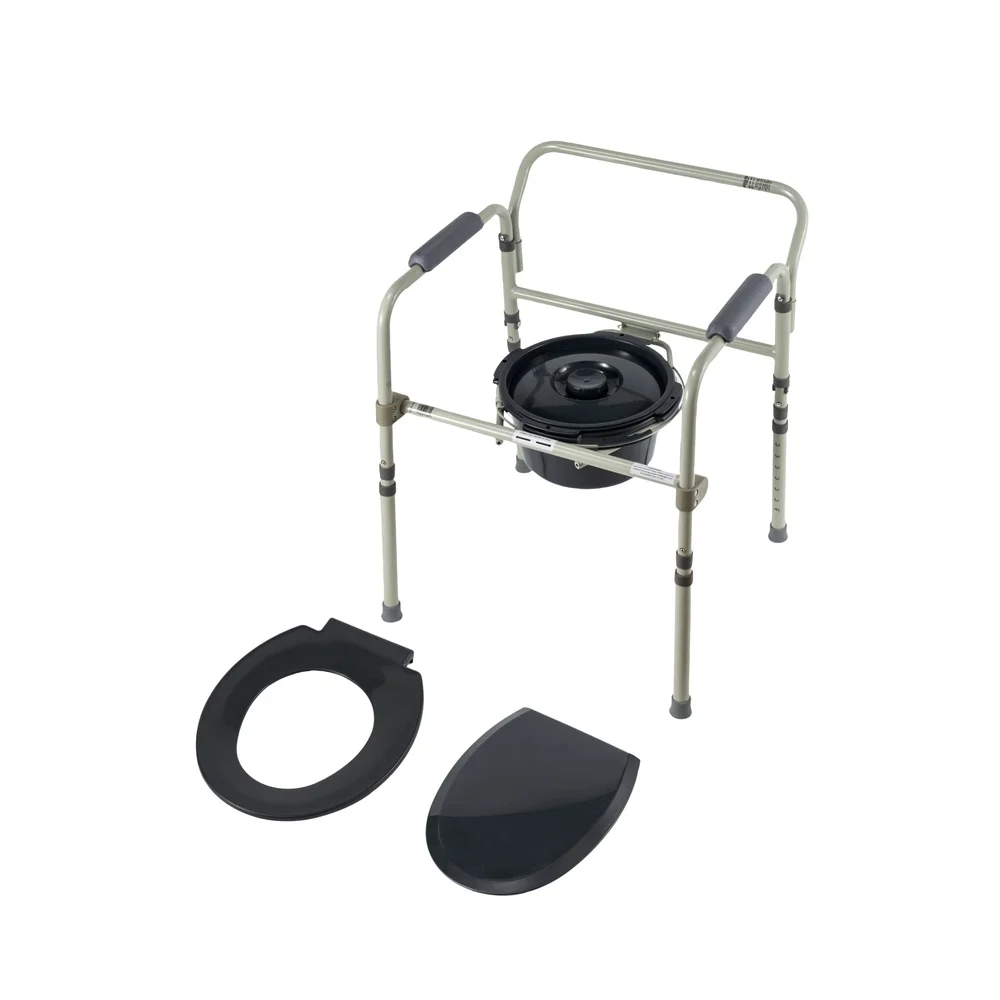 Toilet Samping Tempat Tidur Baja 3-In-1 Dapat Dilipat Kapasitas 400 Lb Sandaran Tangan Tinggi Dapat Disesuaikan Pelindung Percikan Transportasi Penyimpanan Mudah