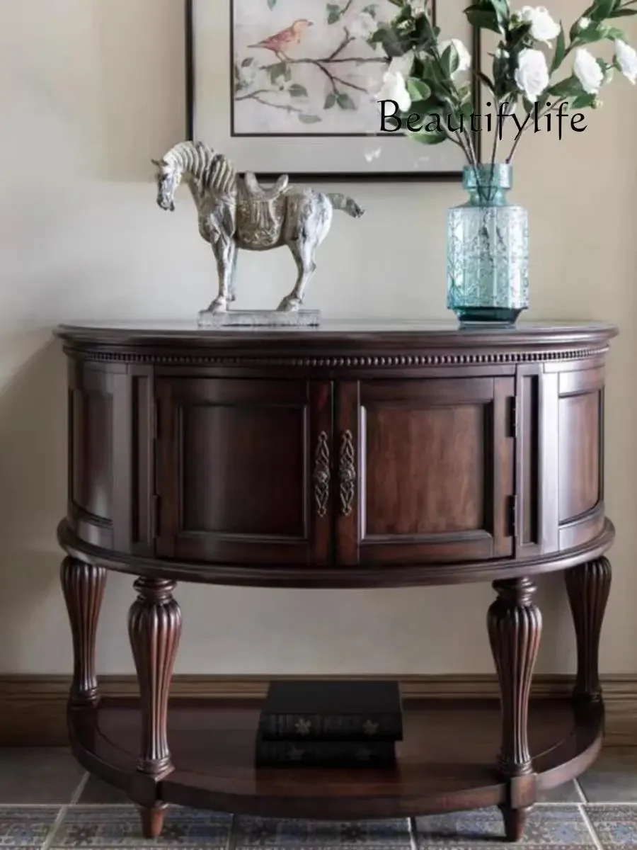 American simple retro solid wood porch table against the wall aisle semi-circular curved wall storage cabinet